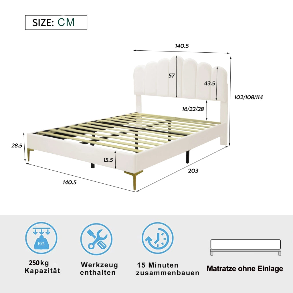 OKWISH Letto Matrimoniale 140×200 cm con Testiera Regolabile e 12 Doghe, senza Materasso, in Velluto Imbottito, Beige