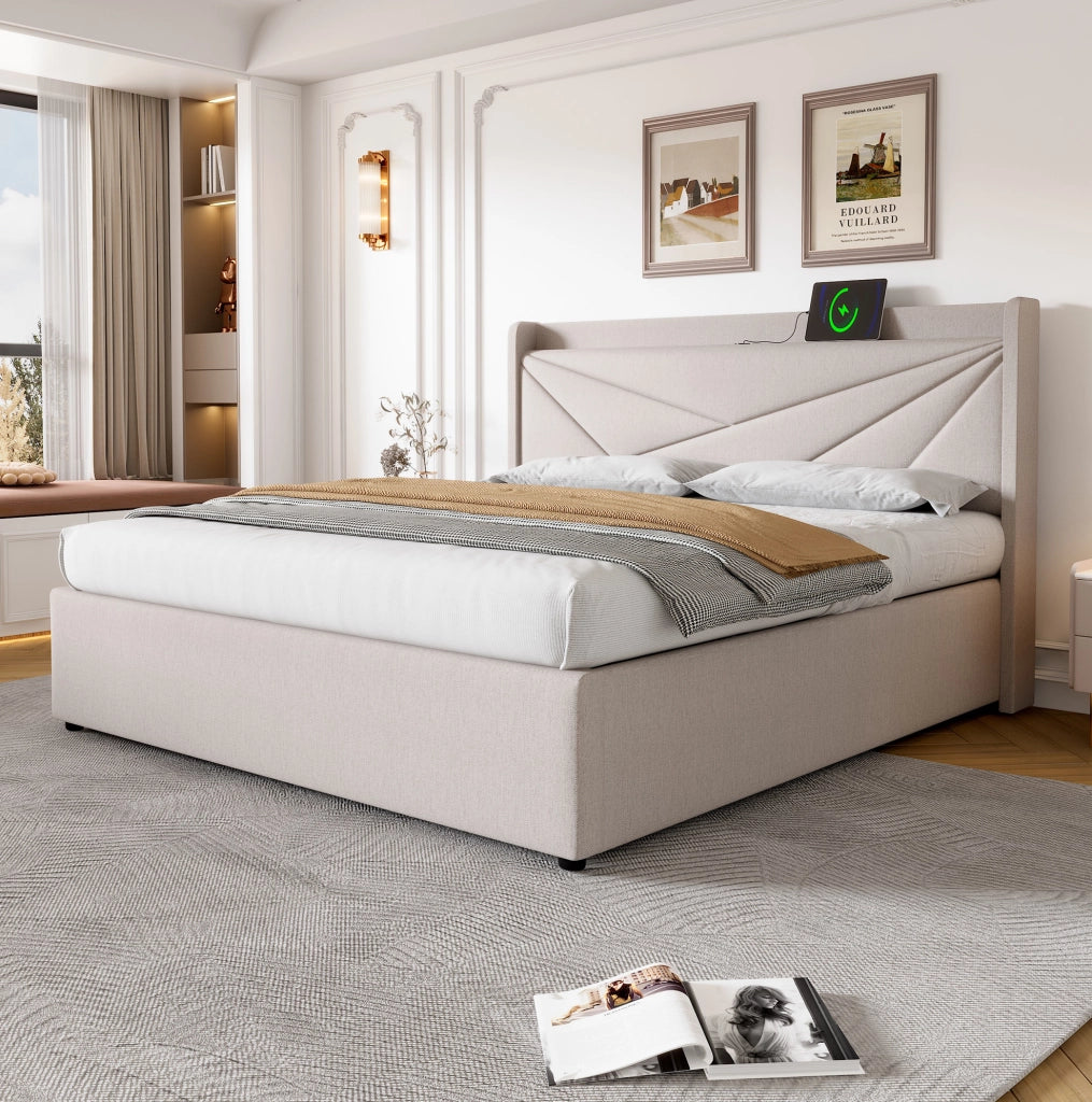 Letto matrimoniale beige 160x200 con contenitore, USB e USB-C
