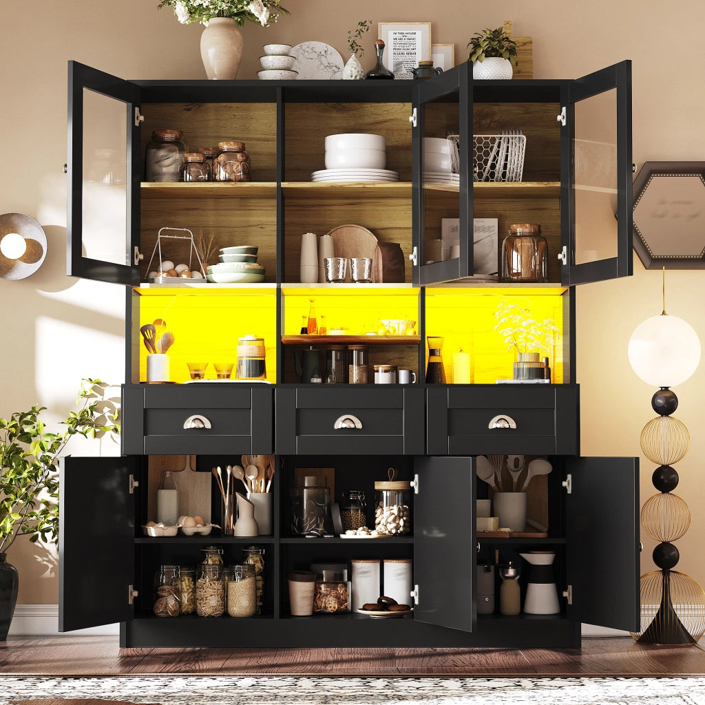 Credenza alta vetrata con LED; 3 cassetti; 6 ante e ripiani regolabili per cucina; 140 × 40 × 175 cm