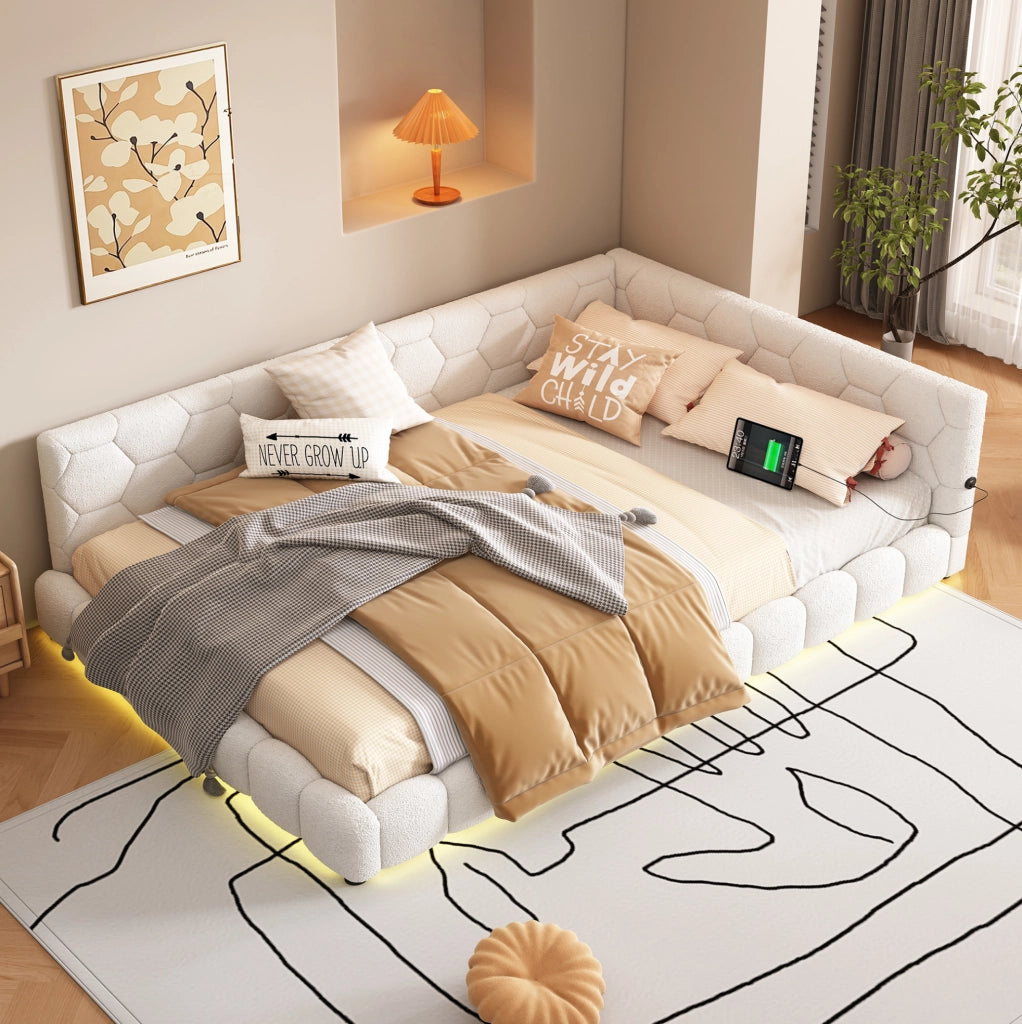 Divano letto daybed con rete a doghe 140x200 cm; LED; USB e Type-C; bianco