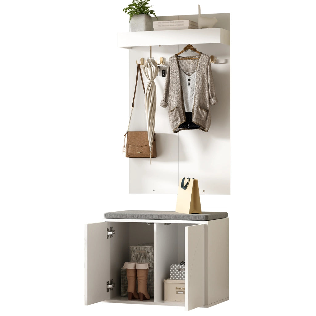 Set ingresso 3 in 1 con attaccapanni, scarpiera a 2 ante e panca porta scarpe, bianco, 60¡Á35¡Á(45+100) cm