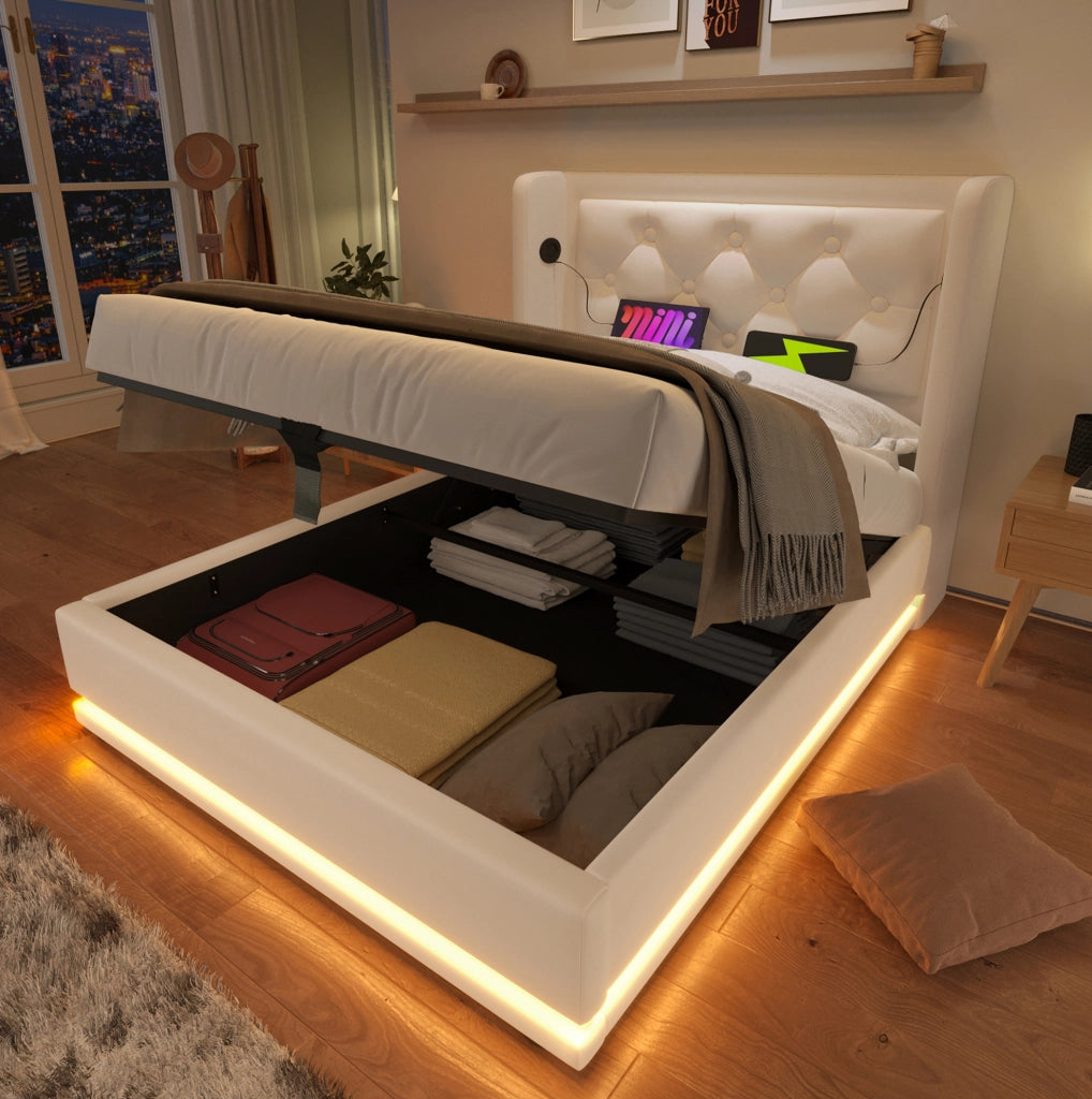 Letto singolo imbottito 90x200 cm bianco in PU con contenitore idraulico, LED e ricarica USB-C