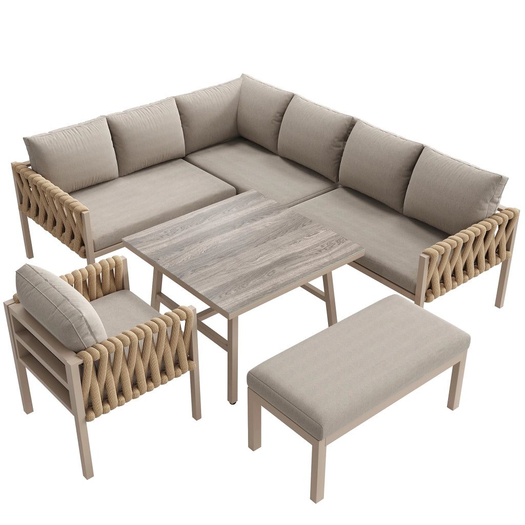 Set Divano Angolare da Giardino con Tavolino in Vetro ¨C MINIMAL ¨C Polyrattan Beige con Cuscini