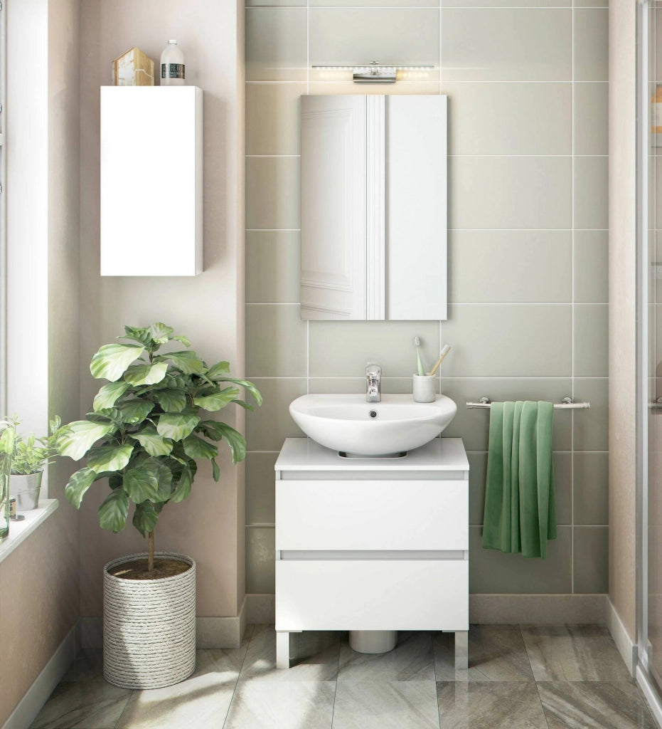 Mobile sottolavabo Avola, Mobiletto da bagno, Contenitore porta lavabo, Armadio per lavandino, 60x40 h64 cm, Bianco lucido