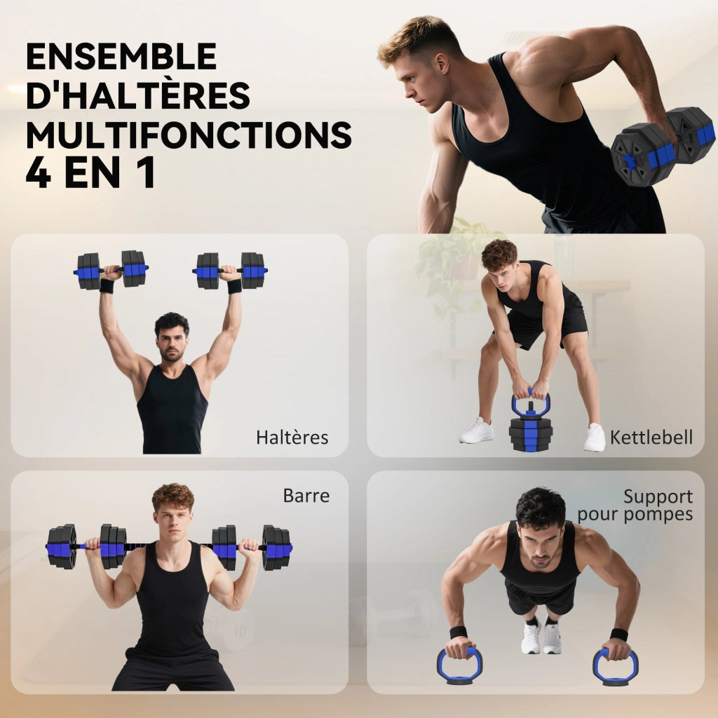 Set manubri regolabile 6 in 1 con kettlebell 25 kg e barra per flessioni ¨C zephmum ¨C blu