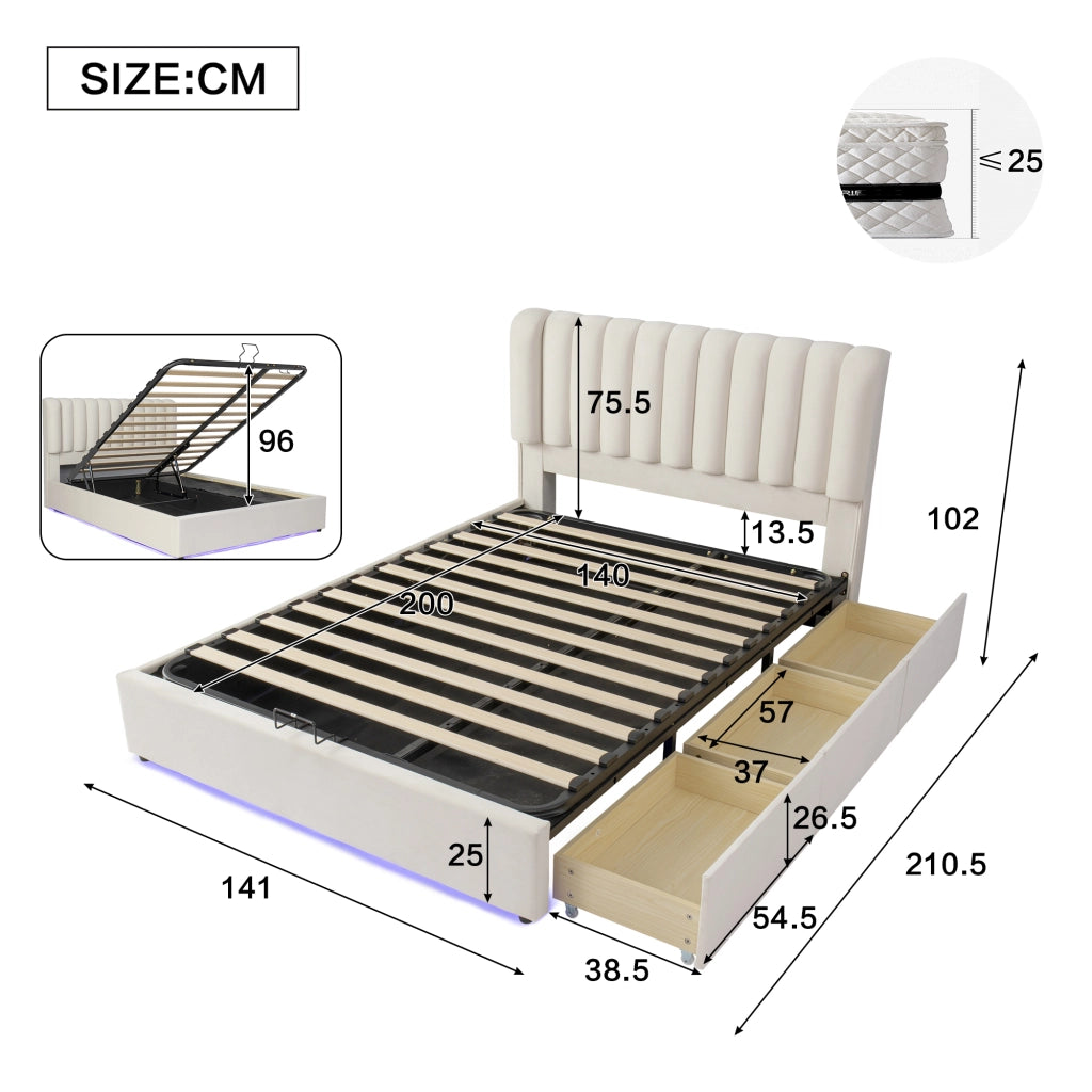 Letto con Cassetti 140x200 cm con Contenitore; 3 Cassetti e LED - in Velluto - Beige