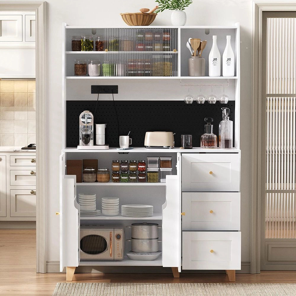 Armadio alto con prese elettriche e pannello perforato - Xylo - Porta-bicchieri da vino, cassetti, ideale per cucina e sala da pranzo (bianco)