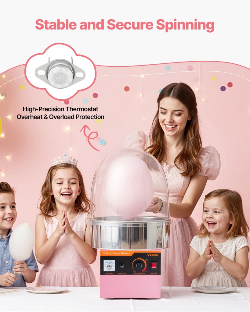 Macchina per zucchero filato elettrica 1000W KB-38 con coperchio ciotola inox rosa facile da usare per feste