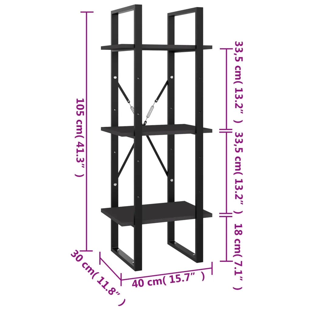 Libreria a 3 Ripiani-Scaffale per Libri-Mobile di Stoccaggio Grigia 40x30x105 cm in Legno Multistrato