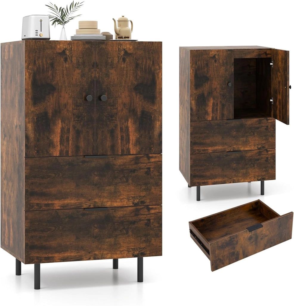 Credenza da cucina, mobile a buffet con 2 cassetti e armadio con ante, armadio con gambe in metallo, per soggiorno, sala da pranzo, corridoio, 60 x 42 x 102 cm (marrone)