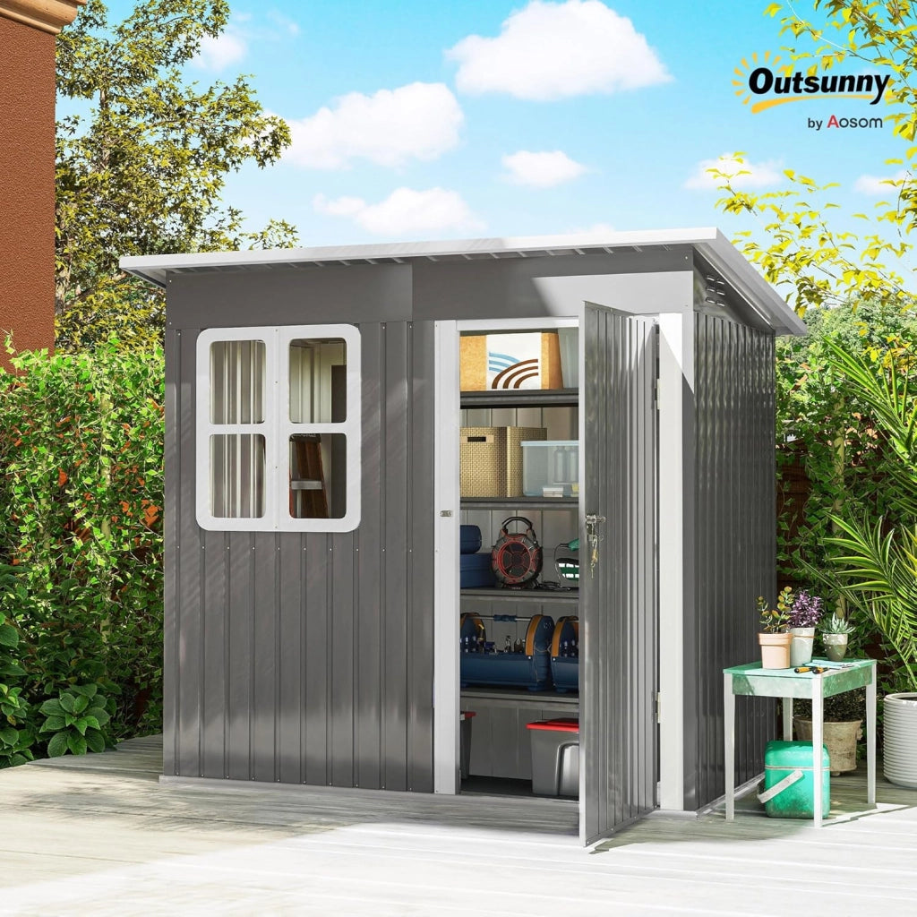 Casetta da Giardino Porta Attrezzi in Lamiera Acciaio Zincato, 2.55m² Capanno da Giardino con Porta Blocco Tetto Inclinato, Capannone per Prato, Patio, Cortile, Esterno, 221x133x190cm, Grigio