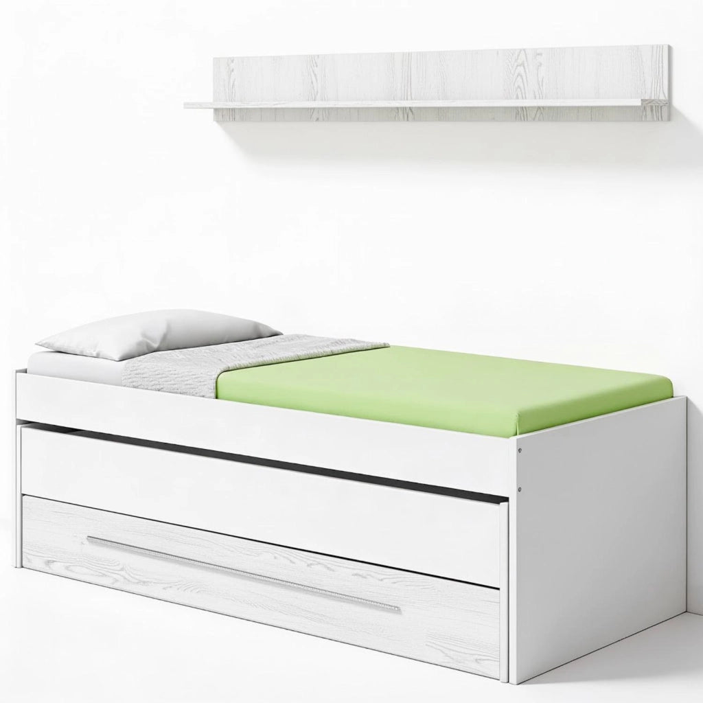 Letto Estraibile Con Cassetto Integrato E Mensola Design Nordico Ideale Per Camerette Piccole Pratico Robusto E Funzionale 65 × 199 × 96 Cm Bianco E Bianco Effetto Legno