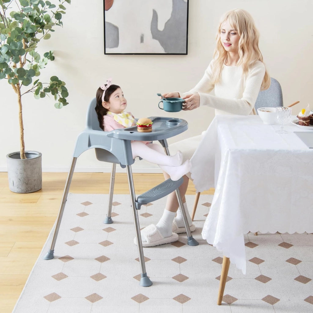 4 in 1 Seggiolone Papa per Bambini, Seggiolone per Neonati con Doppio Vassoio Rimovibile a 2 Posizioni, Cintura di Sicurezza e Poggiapiedi, per Bambini 6-36 Mesi (Grigio)