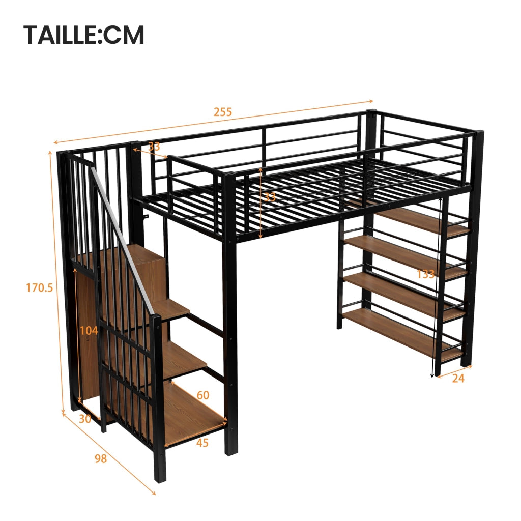 OKWISH Letto a Soppalco 90×200 cm, Letto Singolo con Scala Contenitore, Armadio e Mensole, senza Materasso, in Metallo, Nero