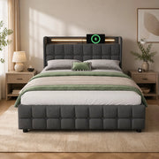 Letto matrimoniale 180x200 cm con USB; prese; LED e 4 cassetti; grigio