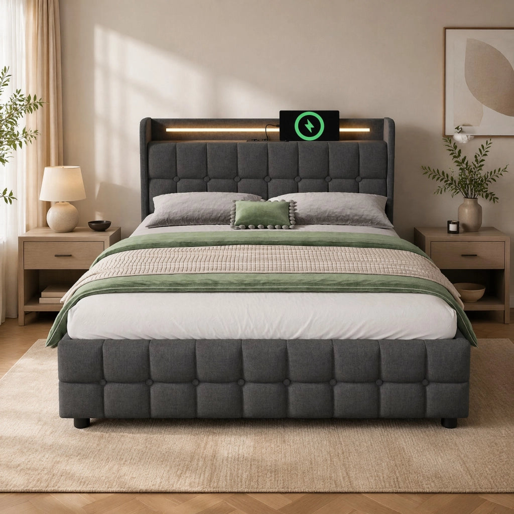 Letto matrimoniale 180x200 cm con USB; prese; LED e 4 cassetti; grigio