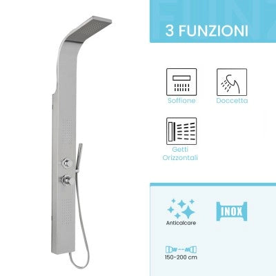 Pannello doccia multifunzione spazzolato con 3 getti in acciaio inox