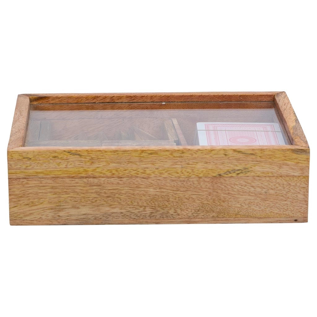 Gioco 2 in 1 (Domino+carte) in scatola di legno marrone 17x12x4h