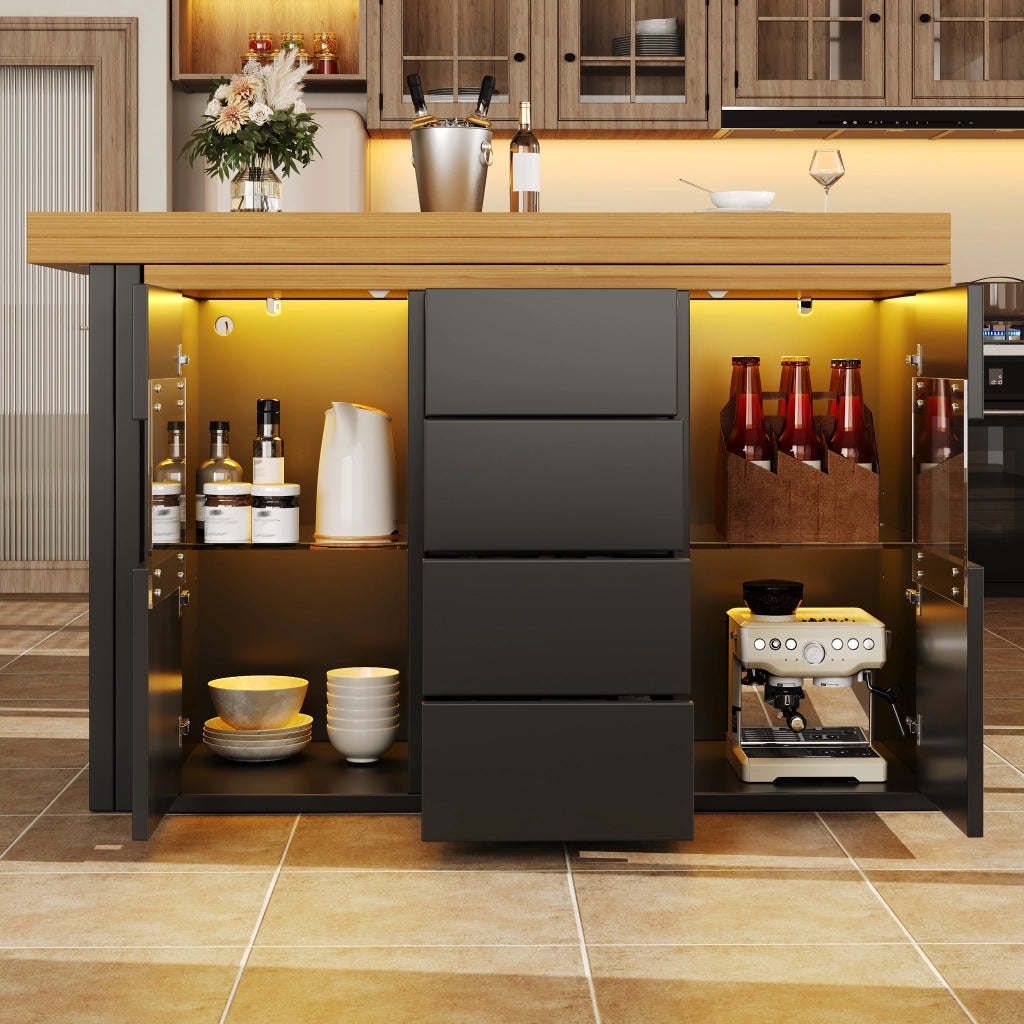 Dispensa da cucina con 4 cassetti; ante in vetro e LED RGB; piano girevole 360°; per cucina; nero; 120 × 40 × 73.8 cm
