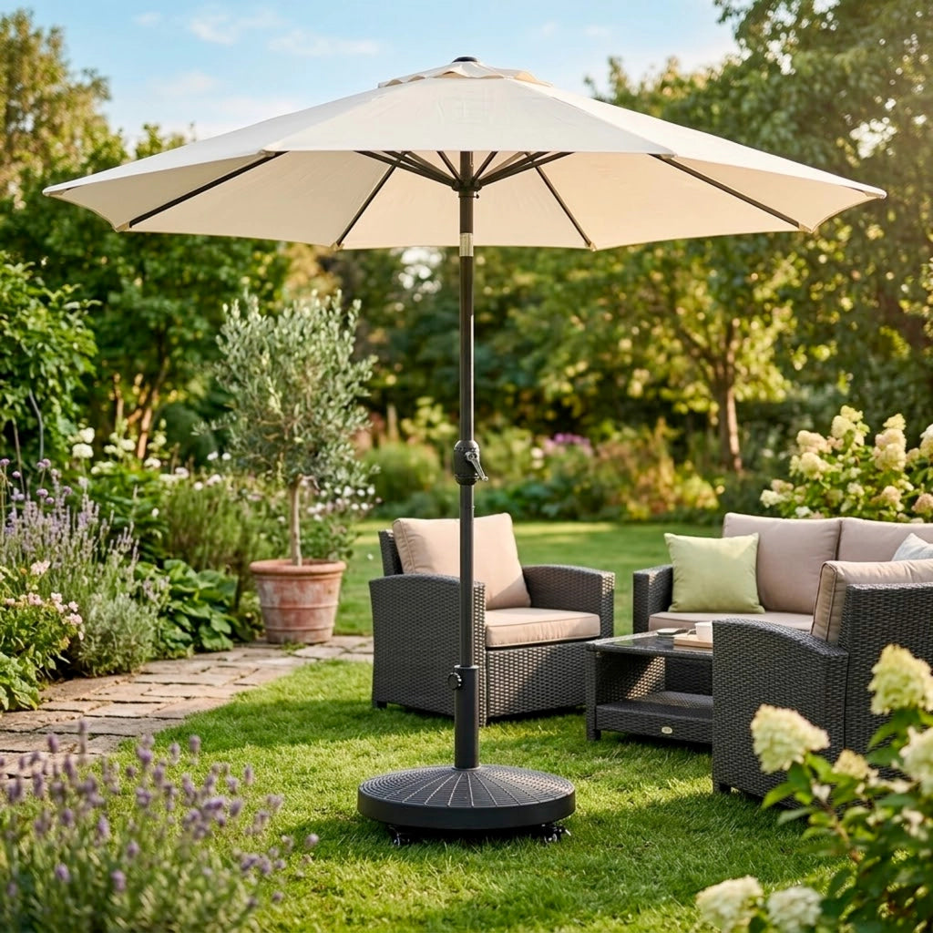 Base Ombrellone Da Giardino 4 Ruote Con Freni In Cemento HDPE E Metallo Diametro Palo Compatibile 38/48 Mm Effetto Rattan Resistente Ideale Per Terrazzo Balcone Ø52 x 34 Cm Nero