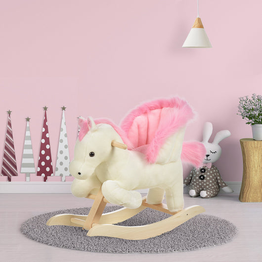 Dondolo per Bambini in Legno Cavallo in Peluche   Bianco e Rosa