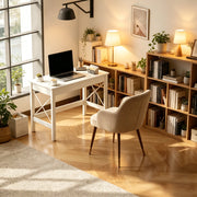 Scrivania moderna con piano ampio e struttura laterale rinforzata a X, per ufficio e studio, bianco, 105 × 50 × 76 cm