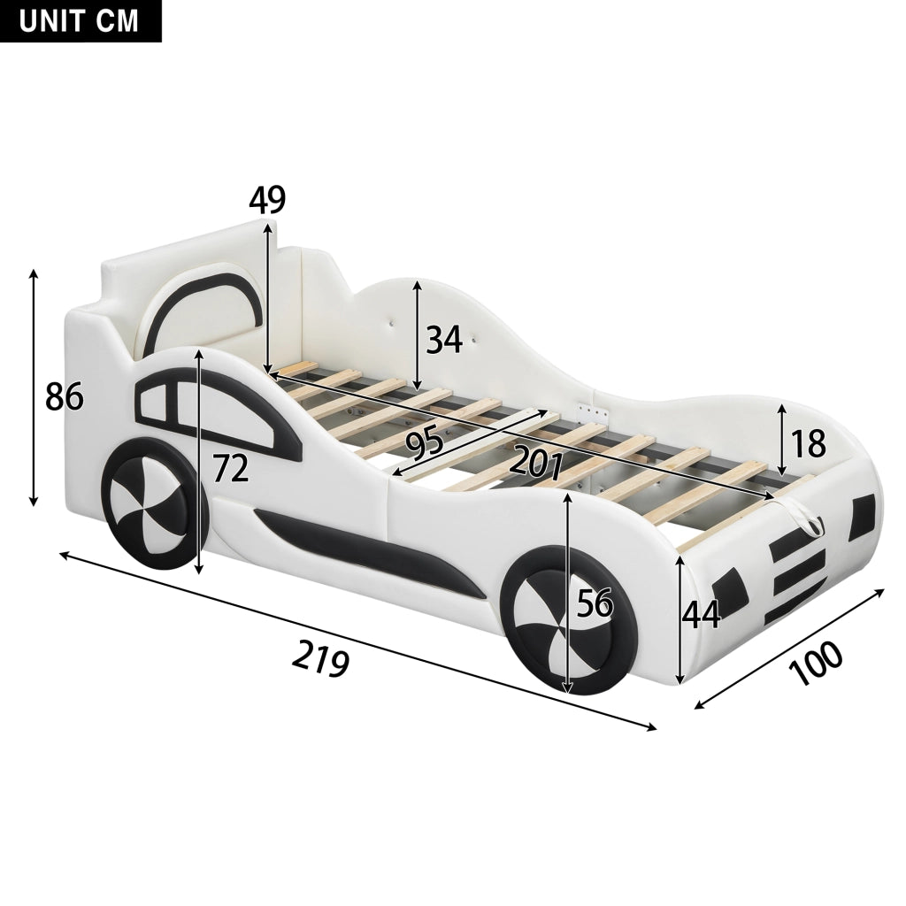 OKWISH Letto Bambini 90×200 cm, Letto Singolo con Contenitore, Design Auto, senza Materasso, in PU e MDF, Bianco