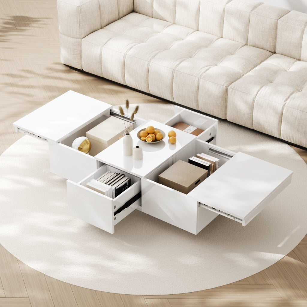 Tavolino da salotto con 2 Cassetti e 2 Vani nascosti; Sistema Push-Pull; Bianco Lucido; 100 × 50 × 31 cm