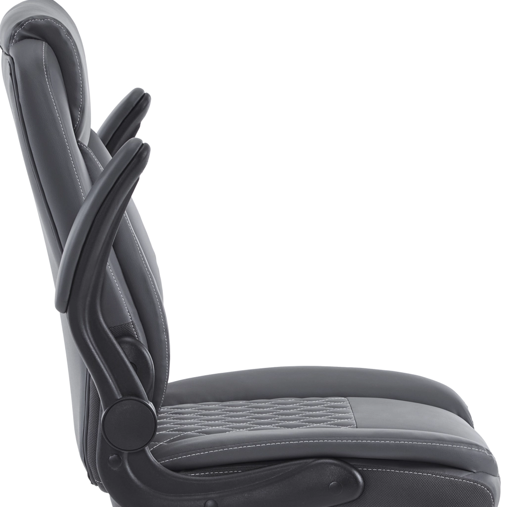 Sedia da ufficio ergonomica in pelle grigia con supporto lombare e braccioli ribaltabili