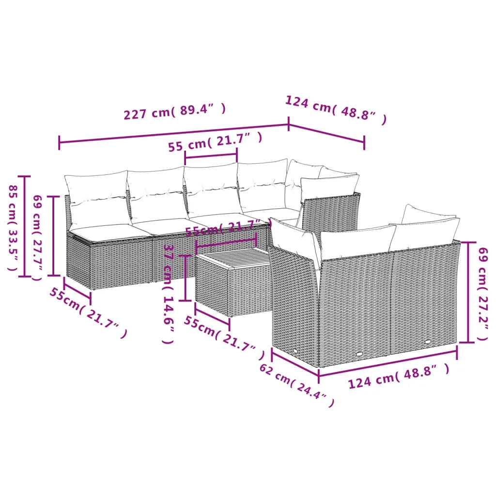Set Divano da Giardino 8 pz con Cuscini Beige in Polyrattan