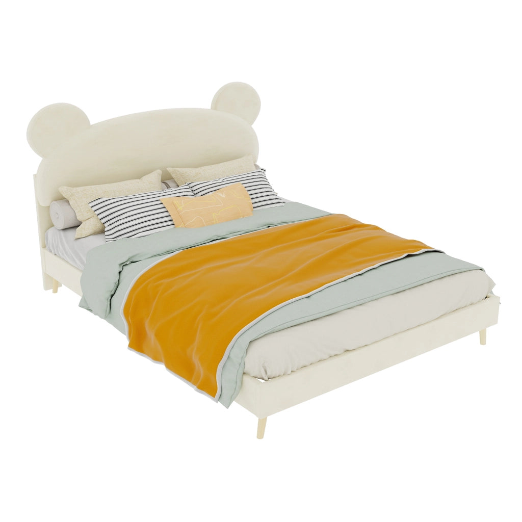 Letto per bambini 140x200 cm beige con testiera imbottita a orecchie d'orso e materasso