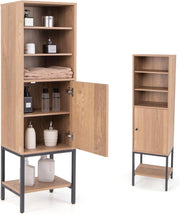 Colonna da Bagno con Armadio a Ante, Mobile Alto da Bagno a 6 Livelli, Ripiano Regolabile, Armadio Portaoggetti per Soggiorno, WC, Cucina, 38 x 30 x 145 cm (Naturale)