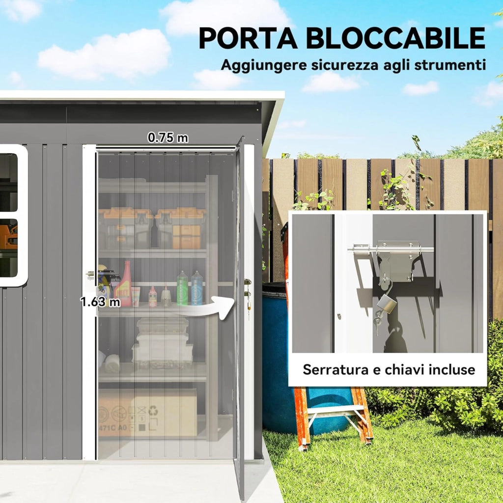 Casetta da Giardino Porta Attrezzi in Lamiera Acciaio Zincato, 2.55m² Capanno da Giardino con Porta Blocco Tetto Inclinato, Capannone per Prato, Patio, Cortile, Esterno, 221x133x190cm, Grigio