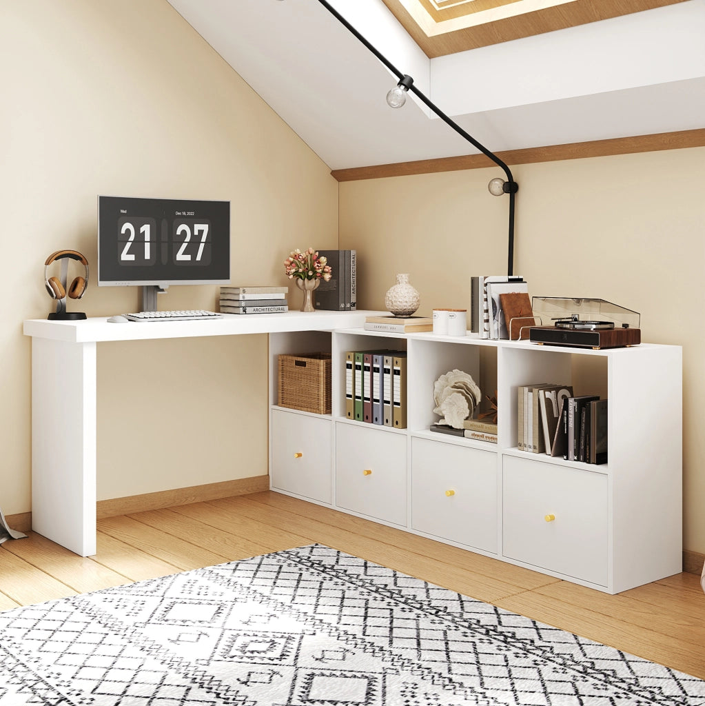 Scrivania a L girevole a 360° in MDF; 4 vani; 4 cassetti; bianca