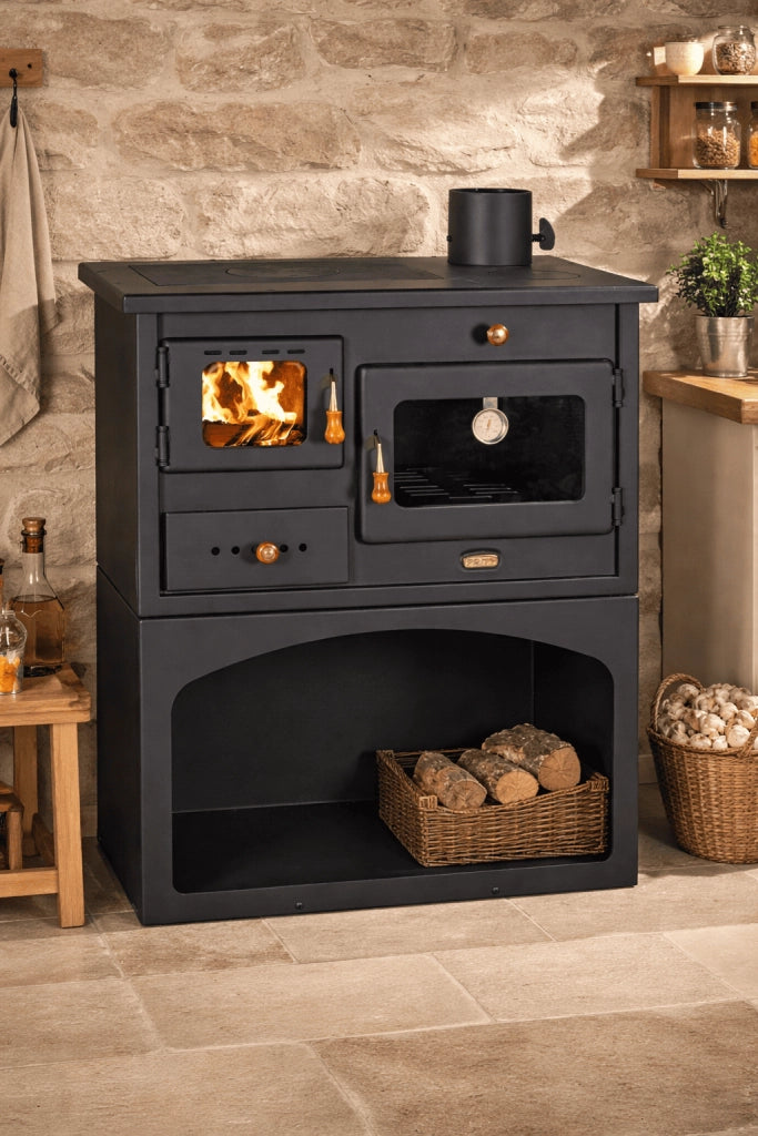 STUFA CUCINA A LEGNA MODELLO PRITY MIA C/FORNO NERA 75x45x80h
