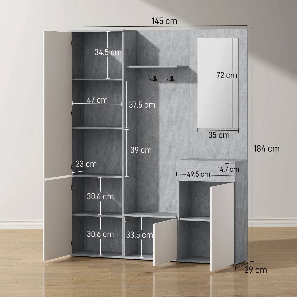 Mobile da Ingresso 4 in 1 con Specchio, Ganci e Ripiani Interni, in Legno, 145x29x184 cm, Grigio e Bianco