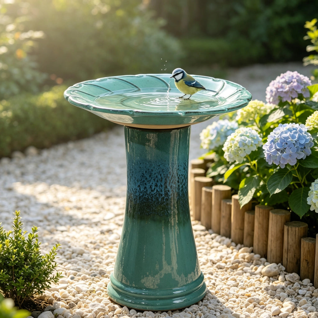 BAGNO per uccelli in ceramica Ø43x45 cm blu teal con piedistallo