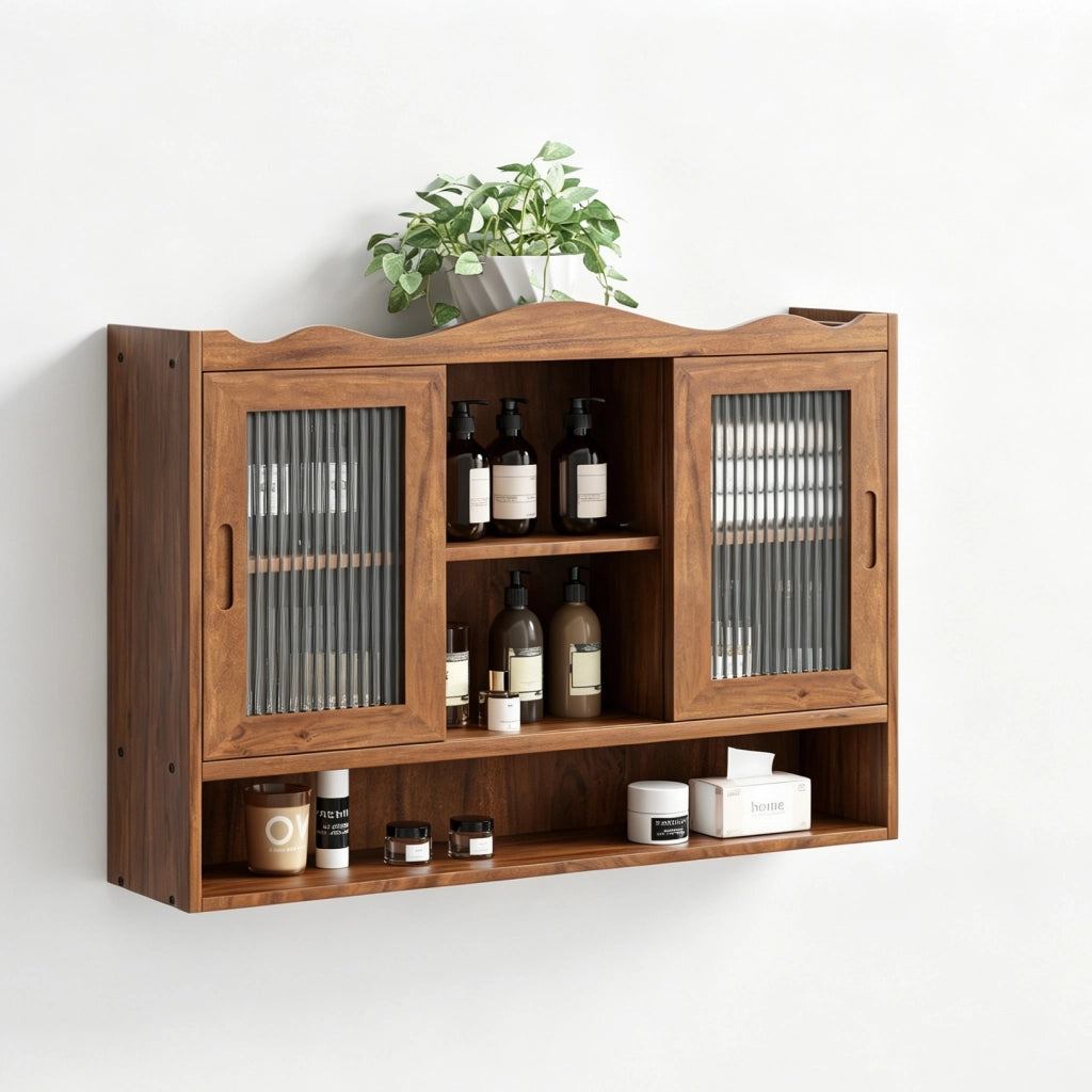 Mobile pensile a 2 ante scorrevoli in legno e vetro, 90 x 20 x 60 cm, marrone