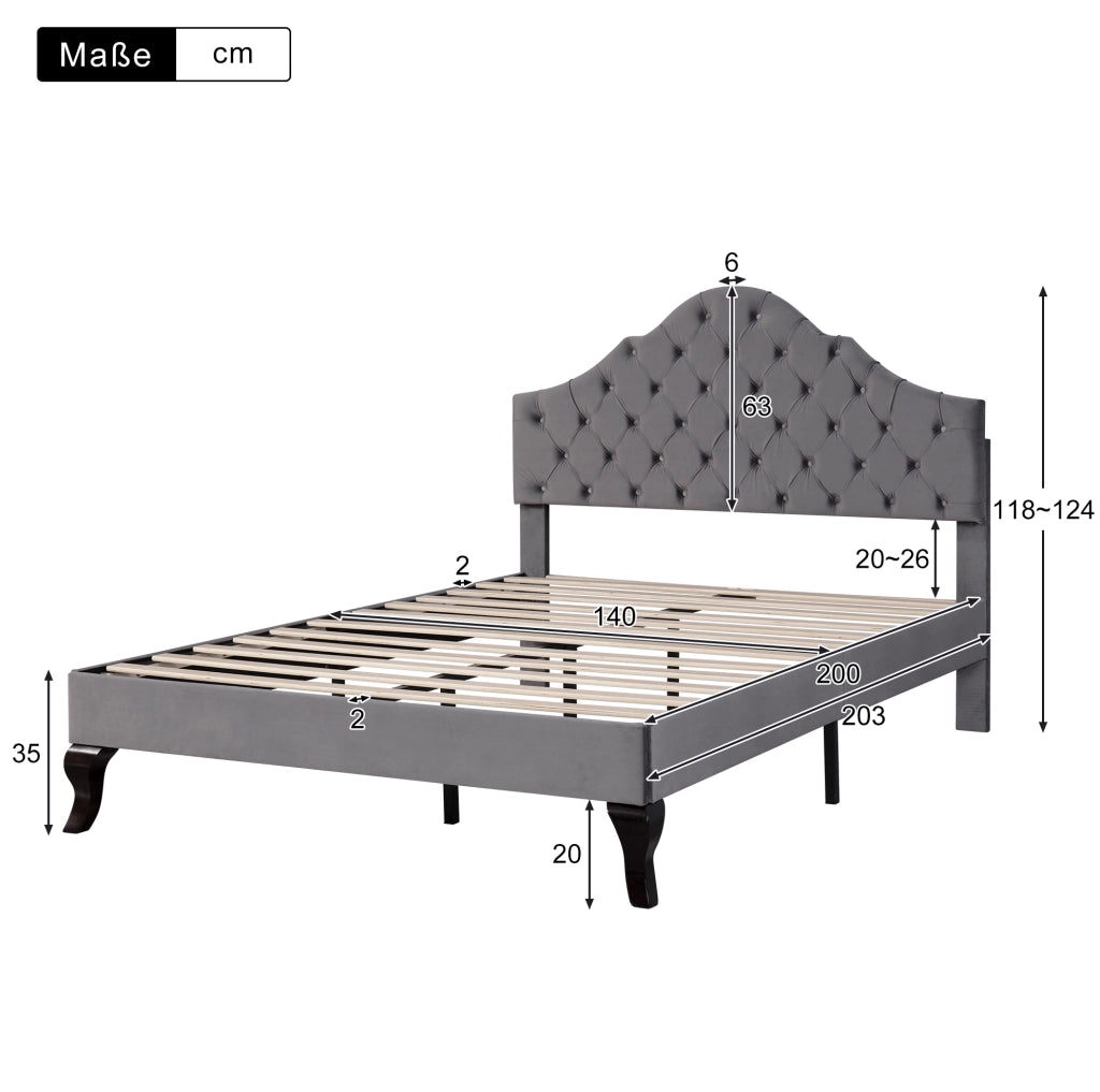 Letto imbottito 140x200 cm; testiera imbottita e rete a doghe; velluto grigio