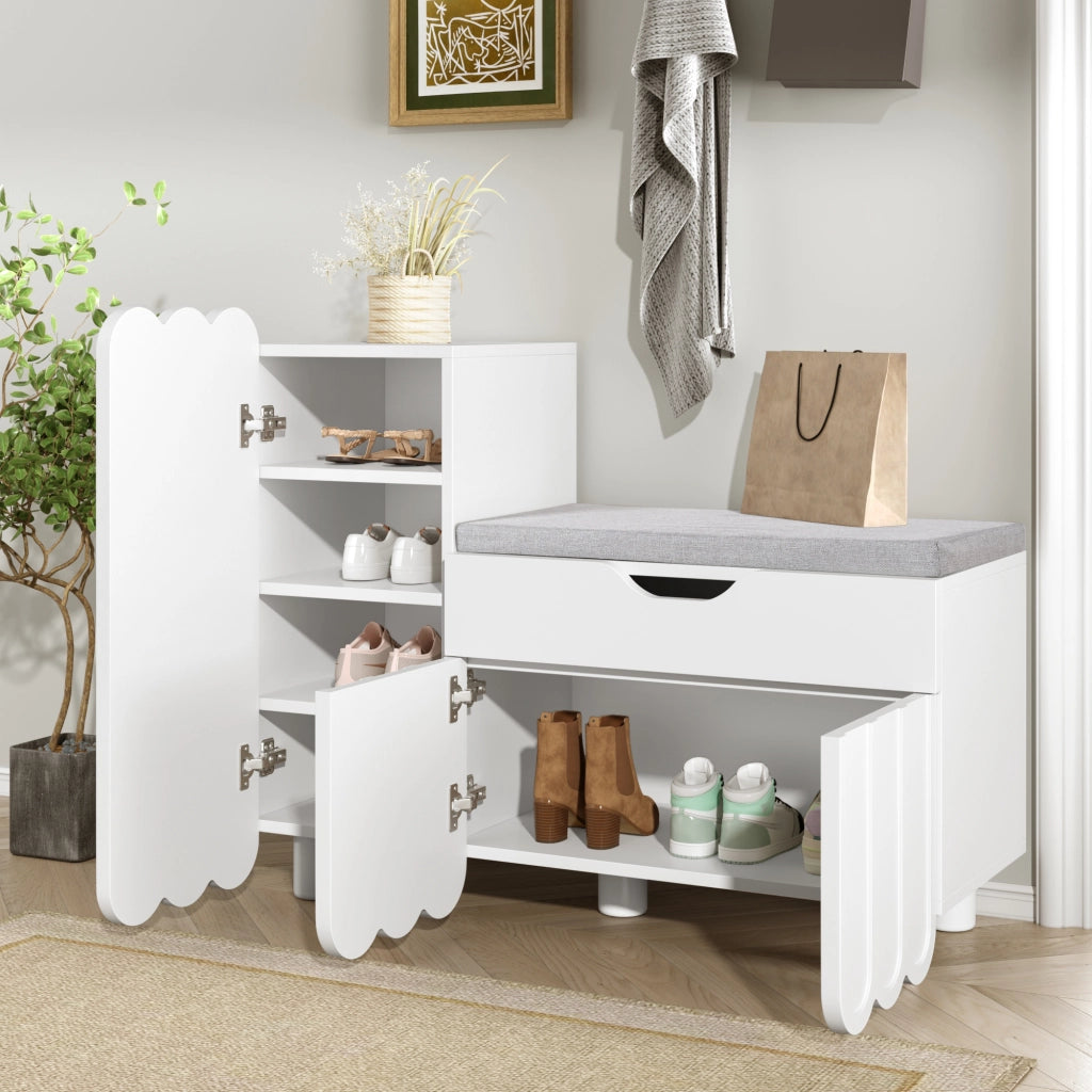 Scarpiera con 3 Ante; 1 Cassetto e Seduta Imbottita; Stile Moderno; in MDF; 90×35×74;5 cm; Bianco