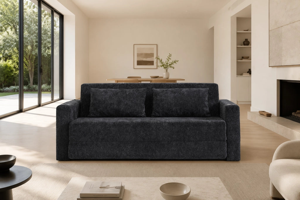 Divano letto 2 posti con funzione letto, porte USB, portabicchieri e tasche laterali in ciniglia nero e grigio