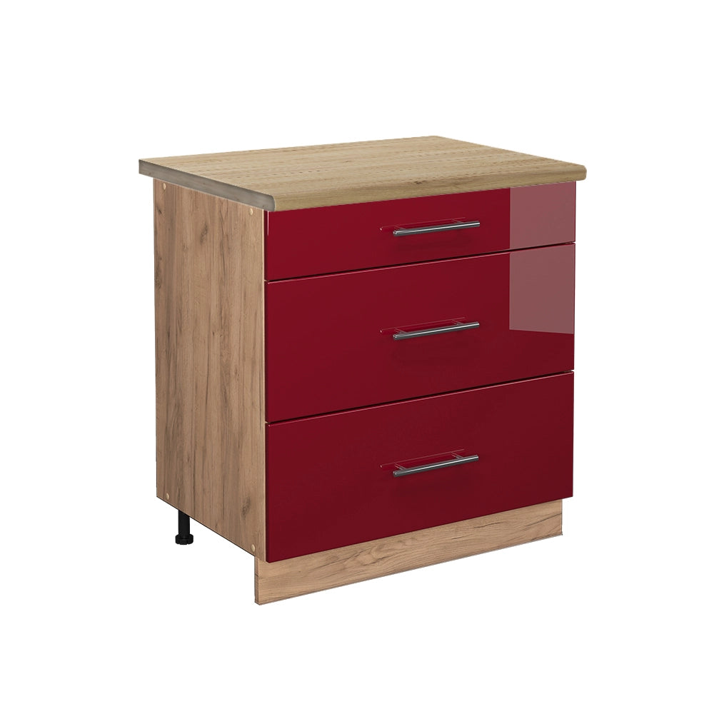 Mobiletto base per cucina Fame-Line Bordeaux lucido/Rovere dorato 80 cm con 3 cassetti, PL Rovere Vicco