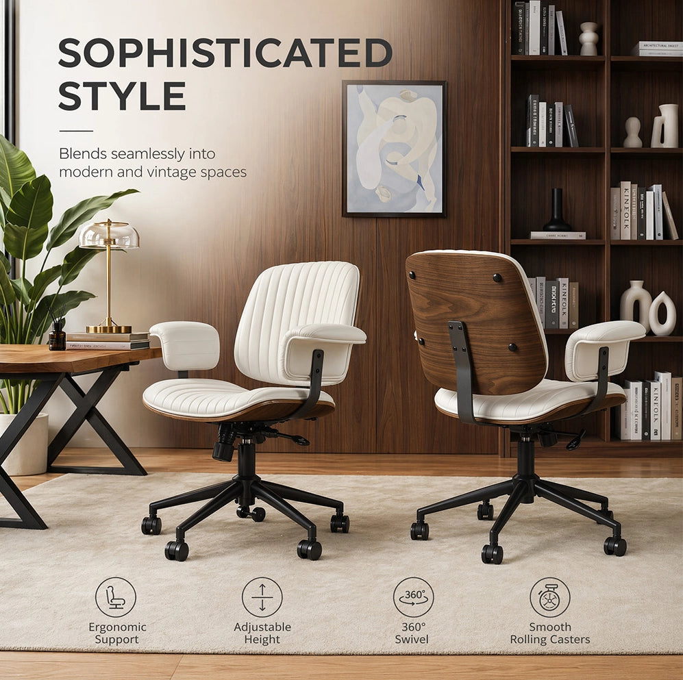 Poltrona da ufficio girevole in pelle PU beige con braccioli imbottiti e base in metallo