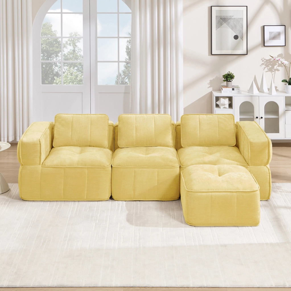 Divano modulare angolare 3 posti con pouf; seduta profonda in poliestere giallo 271x162x67 cm