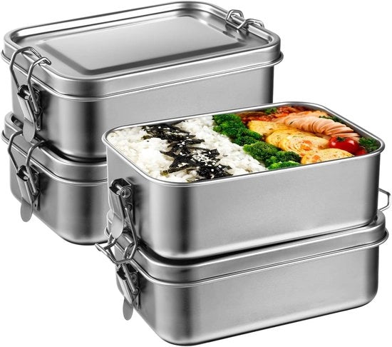 Set di 4 Box da Picnic in Acciaio Inox - 100% Impermeabile - Adatto al Lavastoviglie - Ideale per Ufficio e Esterno