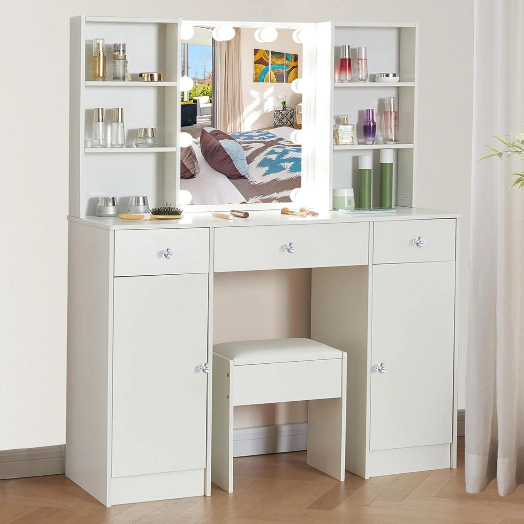 Toeletta con specchio e sgabello, scrivania con 3 cassetti e 4 ripiani, scrivania per trucco con luci LED regolabili, tavolo da trucco per camera da letto, 100 x 40 x 140 cm, bianco, HZ661223