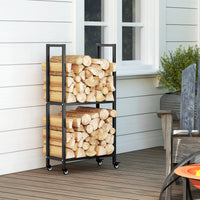 Portalegna da Esterno e Interno 60x30x119 cm a Due Livelli con Ruote in Acciaio Rinforzato Nero