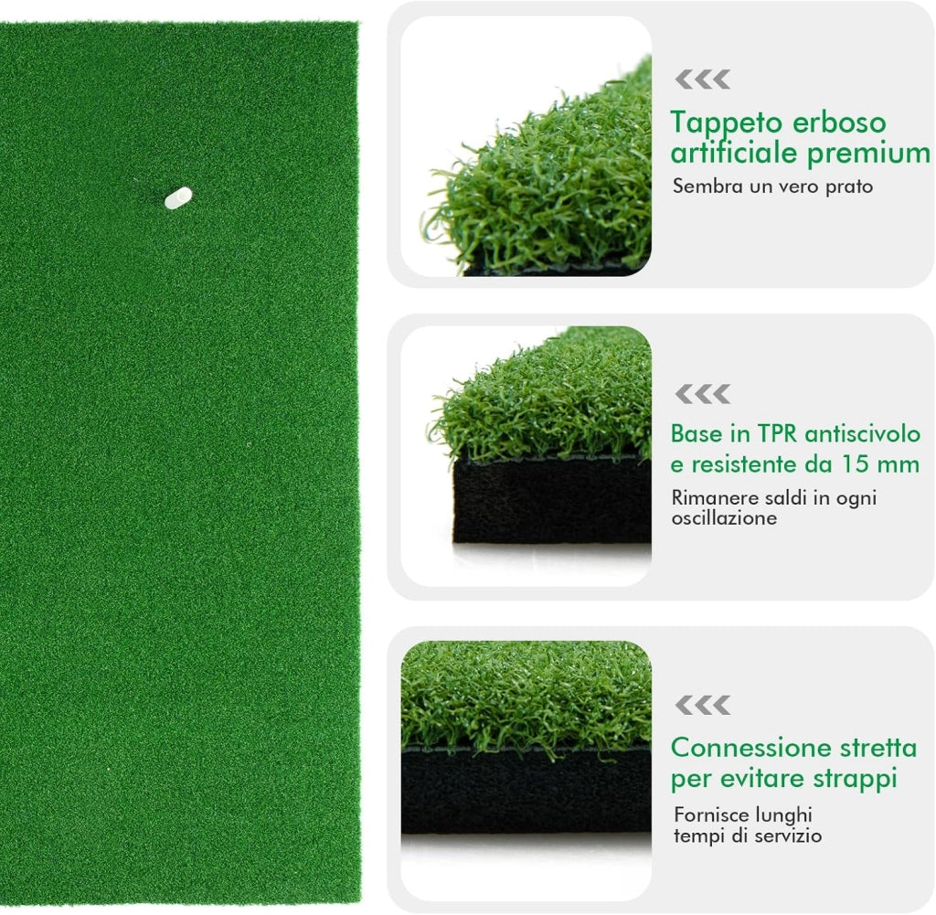 Tappetino da Golf Pratica 150 x 100 x 2,7 CM, Tappetino per Allenamento Golf con Erba Sintetica e 2 Fori, 3 Tee, Putting Mat Green per Uso Interno ed Esterno