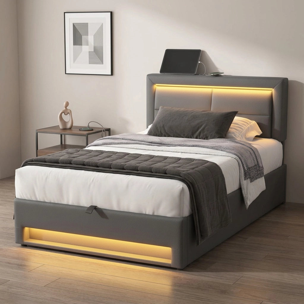 Letto imbottito 90x200 cm in PU grigio con USB, LED e contenitore