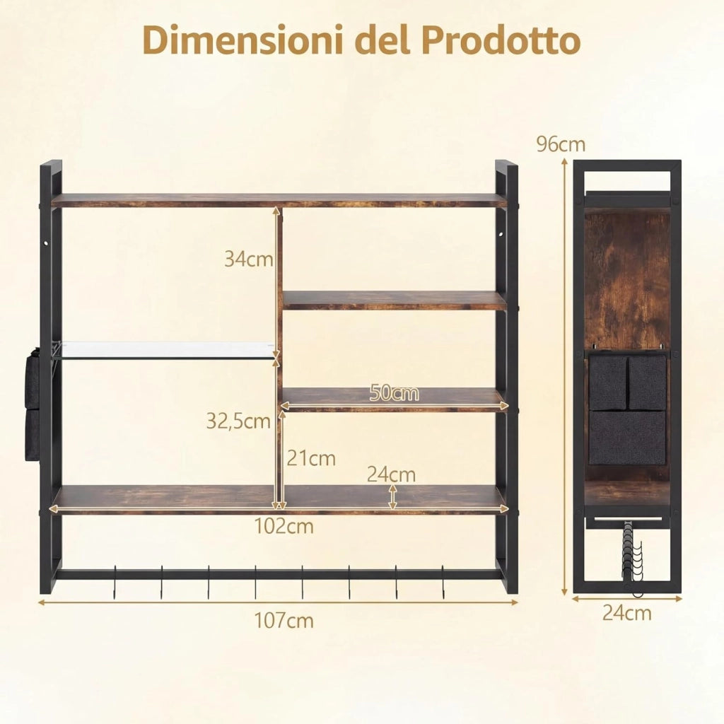 Mensola da Parete 107 cm, Scaffale a 6 Livelli con Luci LED, Controllo Remoto e APP, 8 Ganci a S e Tasca Laterale Rimovibile, Espositori per Bar Cucina Salotto Bagno